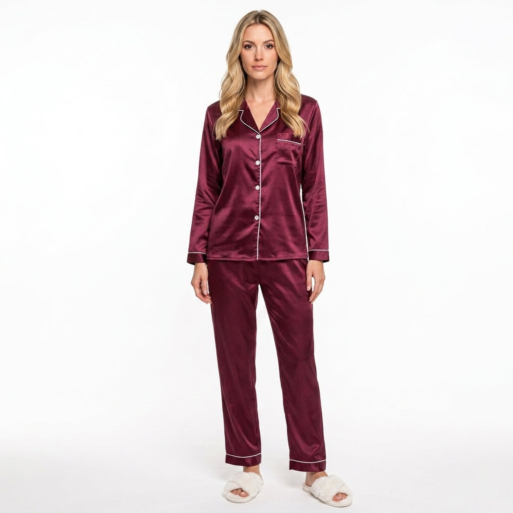Pyjama femme boutonné à col tailleur et passepoil contrastant 3