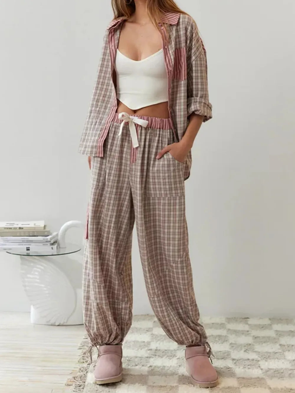 Pyjama femme à carreaux boutonné avec poche poitrine 6