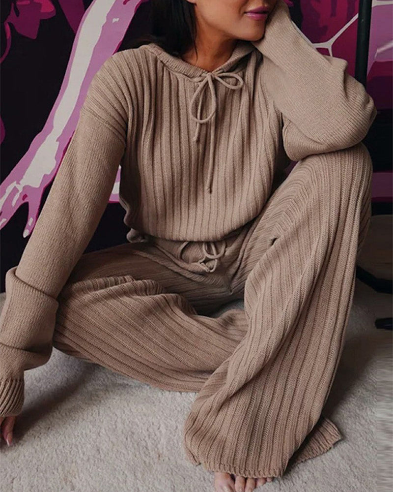 Pyjama femme en maille côtelée à capuche et pantalon large 5