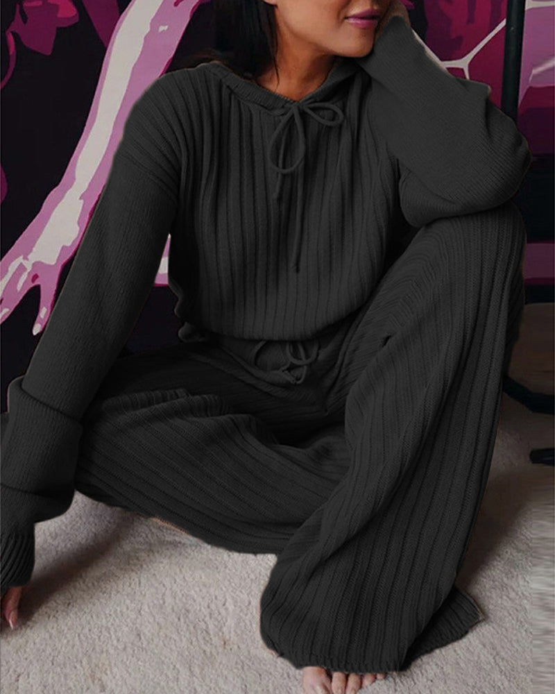 Pyjama femme en maille côtelée à capuche et pantalon large 6