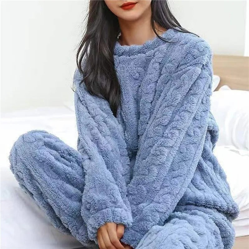 Pyjama femme en maille gaufrée à col rond et pantalon large 1