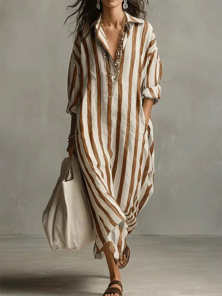 Robe chemise longue en lin rayée à coupe ample et poches