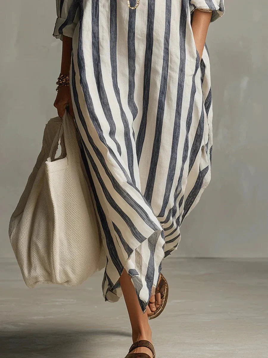 Robe chemise longue en lin rayée à coupe ample et poches