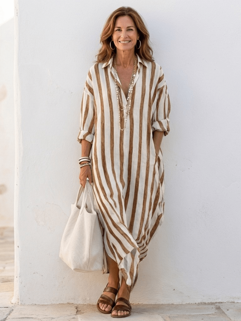 Robe chemise longue en lin rayée à coupe ample et poches