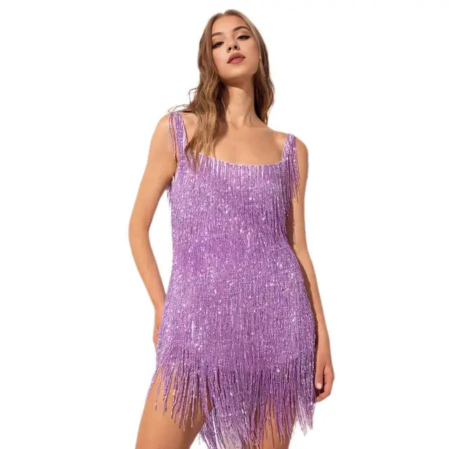 Robe de soirée à paillettes à franges sans manches 5