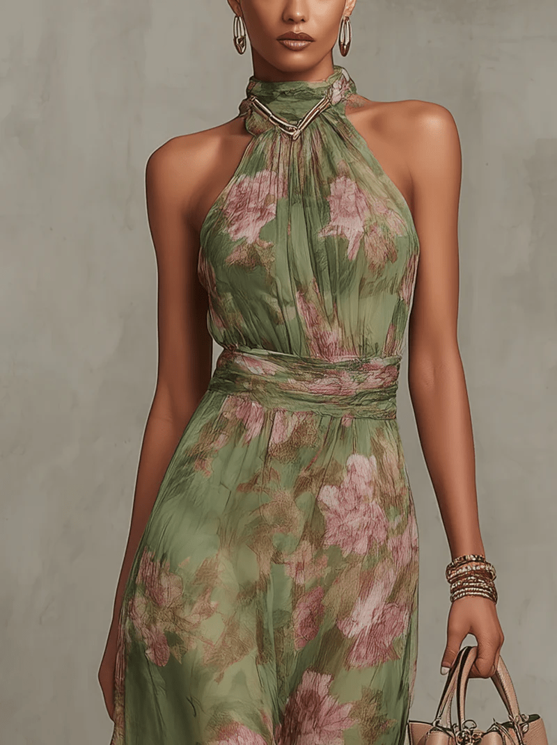Robe longue florale sans manches à col montant