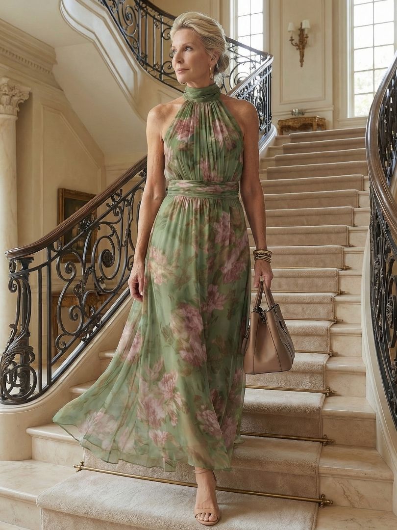 Robe longue florale sans manches à col montant