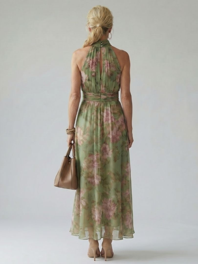 Robe longue florale sans manches à col montant