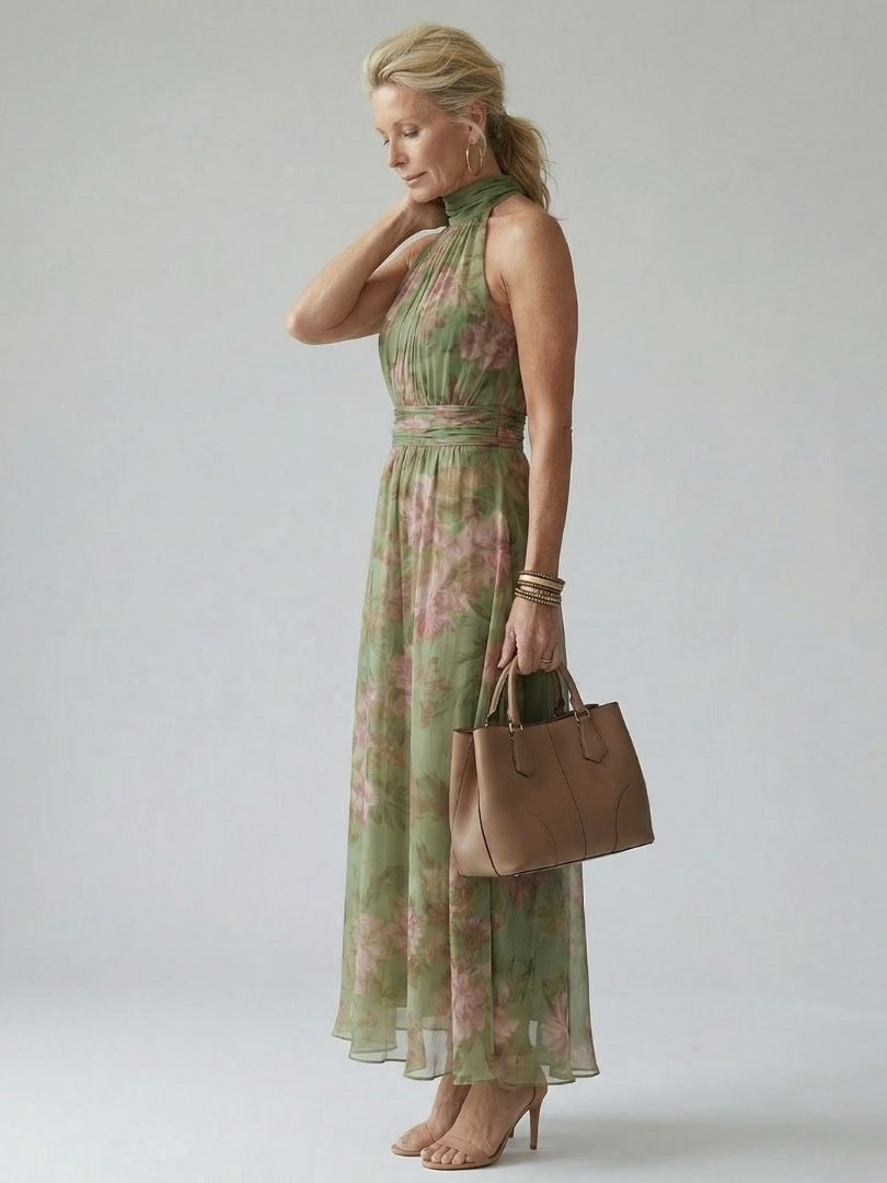 Robe longue florale sans manches à col montant