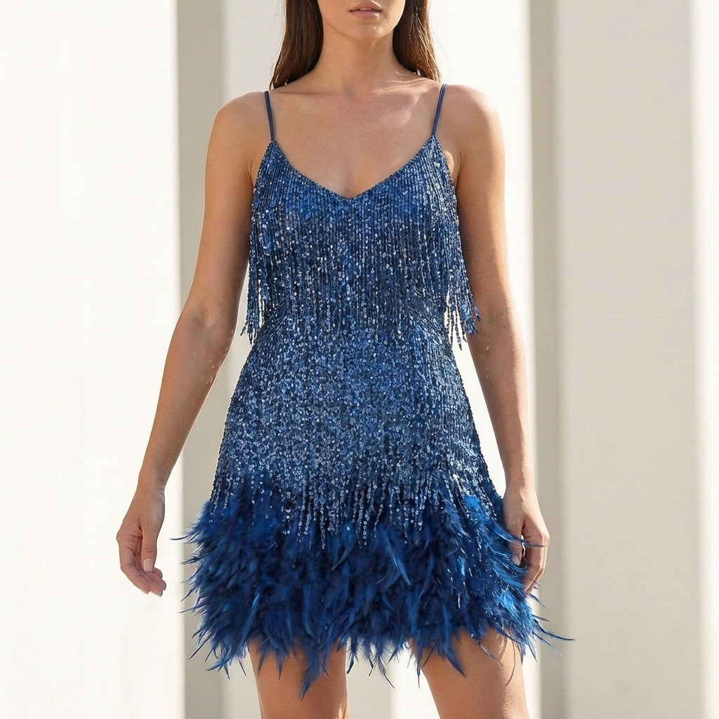 Robe de soirée à paillettes courte à plumes et fines bretelles 5