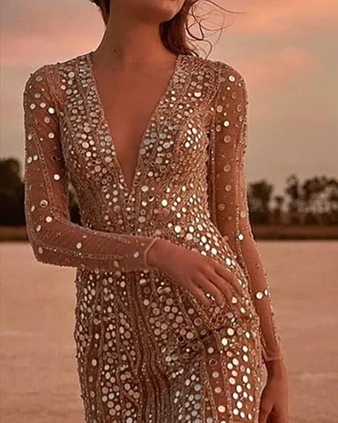 Robe de soirée à paillettes moulante à col en V et manches longues 2