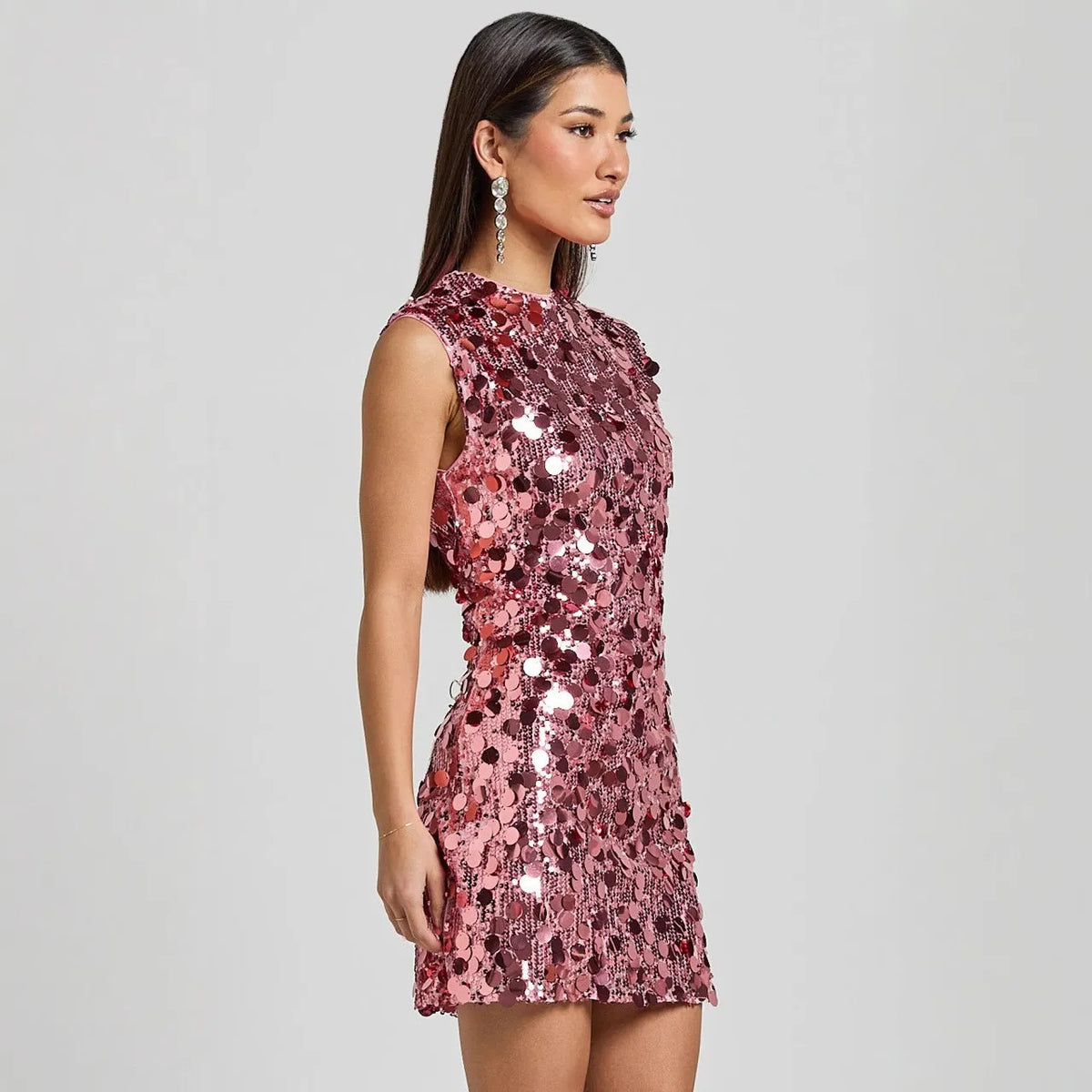 Robe de soirée à paillettes moulante sans manches à col rond 11