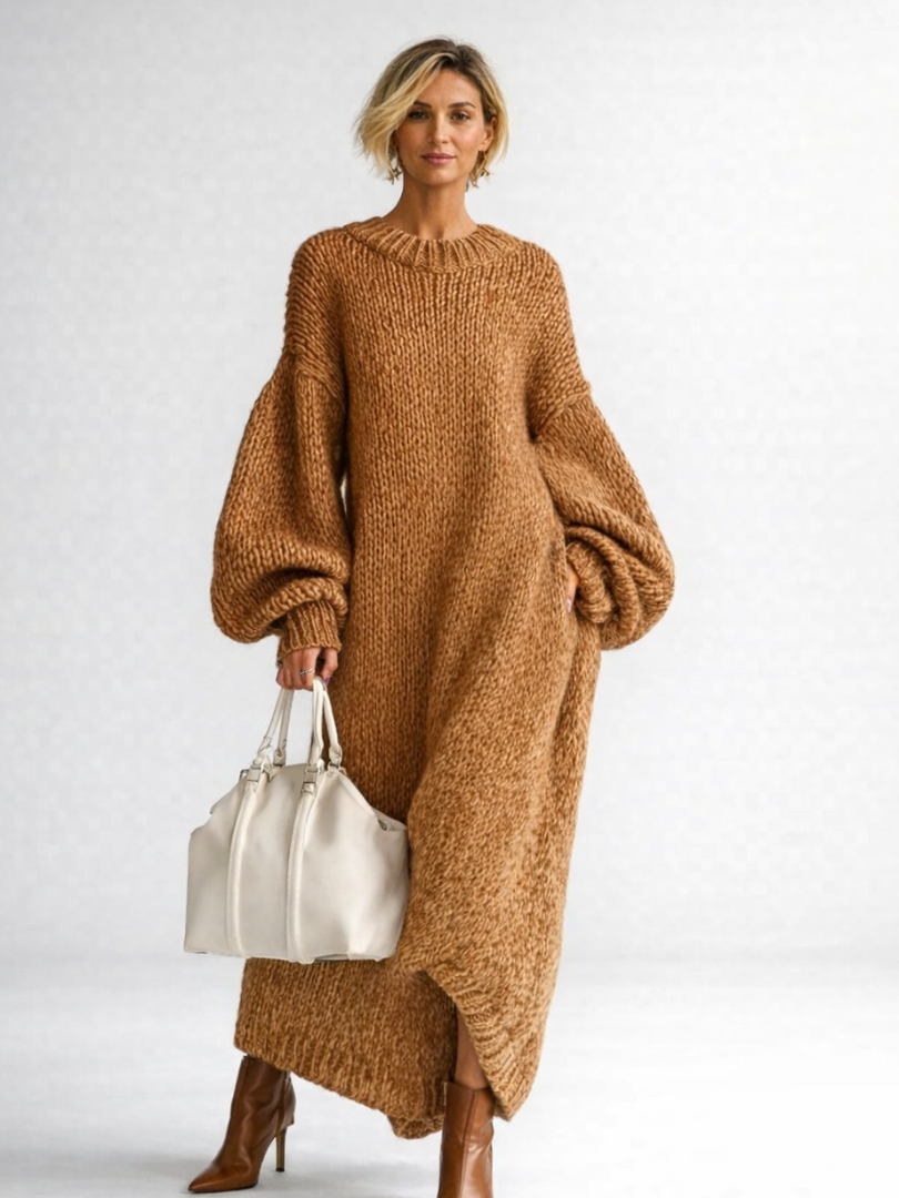 Robe pull en maille femme oversize à col rond et manches longues bouffantes, longueur maxi 1