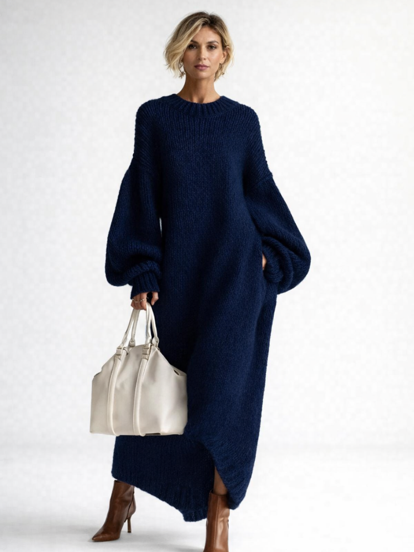 Robe pull en maille femme oversize à col rond et manches longues bouffantes, longueur maxi 4