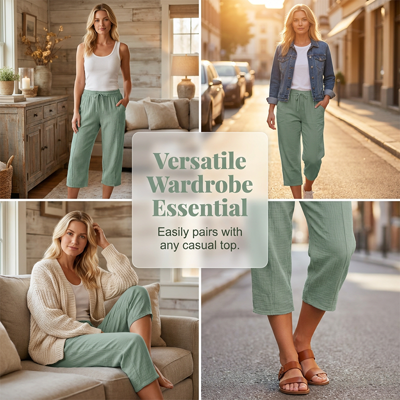 Pantalon capri femme léger en coton et lin respirant