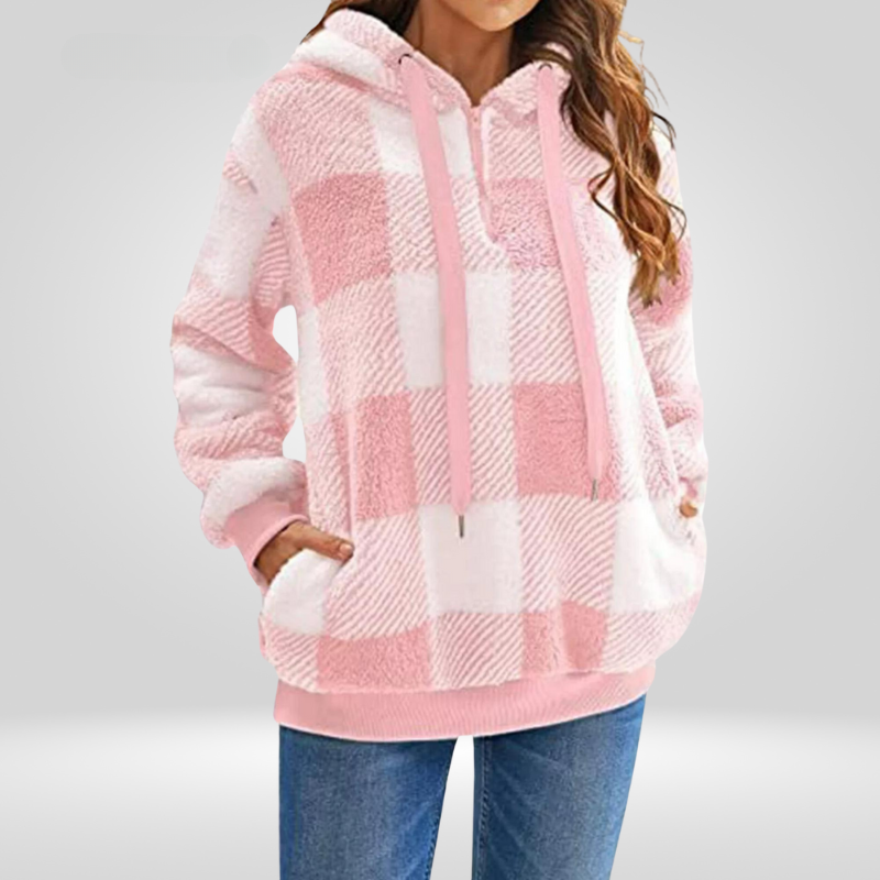 Sweat à capuche femme en polaire sherpa à carreaux et poche kangourou 3