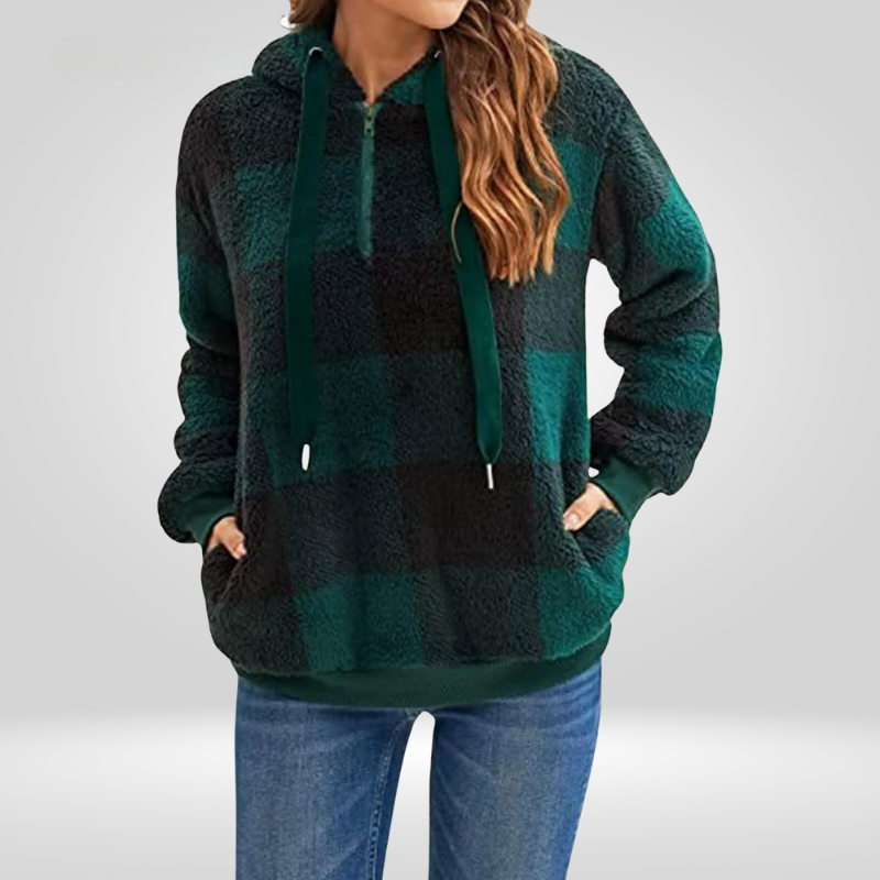 Sweat à capuche femme en polaire sherpa à carreaux et poche kangourou 5