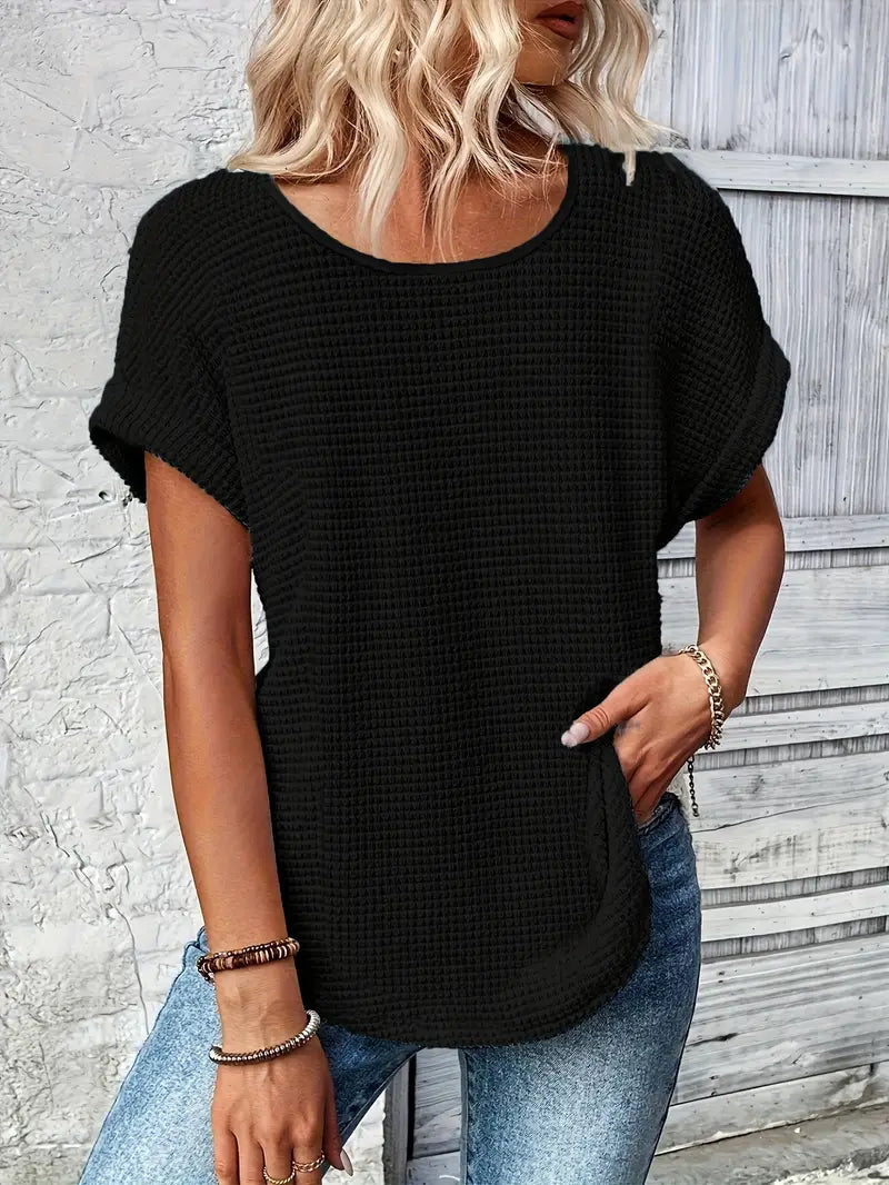 T-shirt femme en maille gaufrée à col rond manches courtes 2
