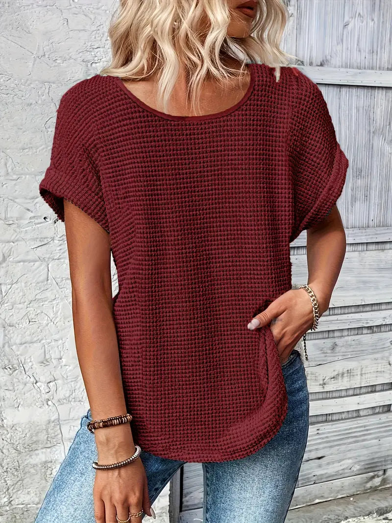 T-shirt femme en maille gaufrée à col rond manches courtes 4