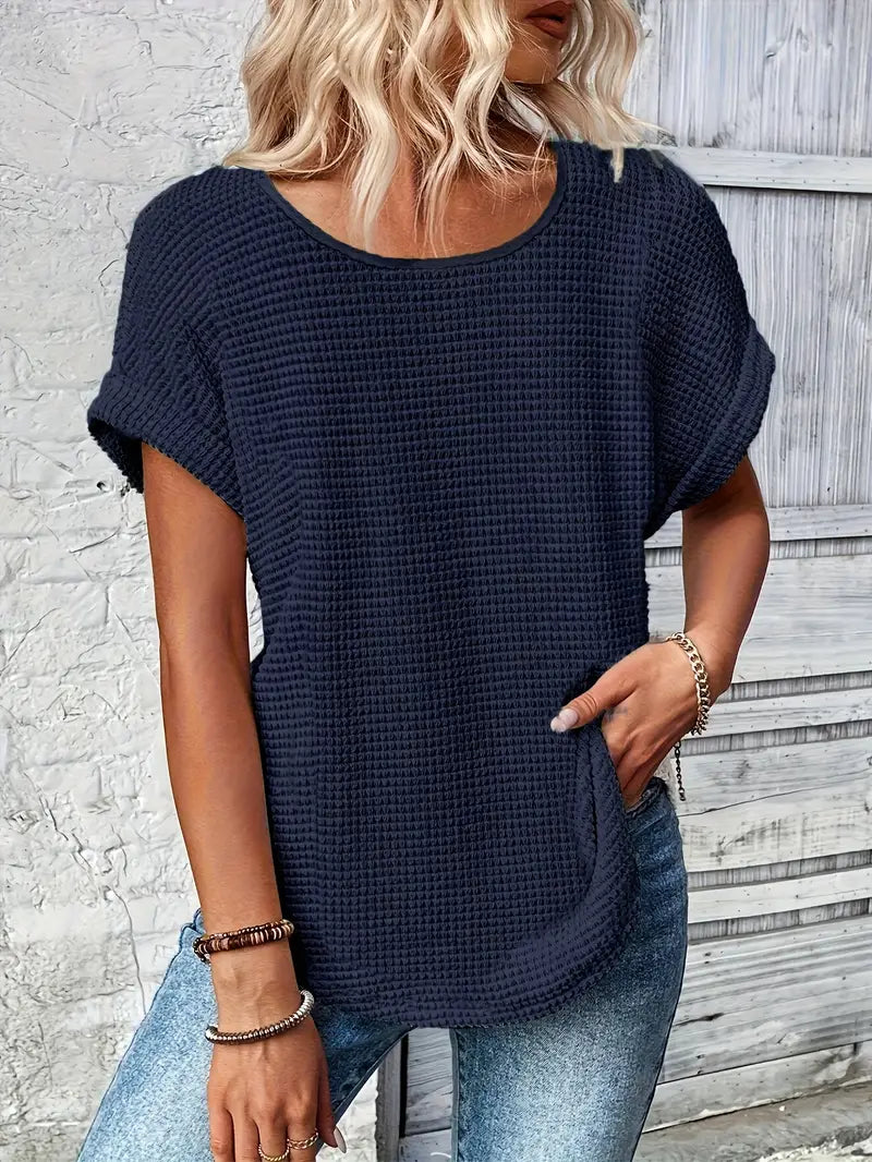 T-shirt femme en maille gaufrée à col rond manches courtes 8