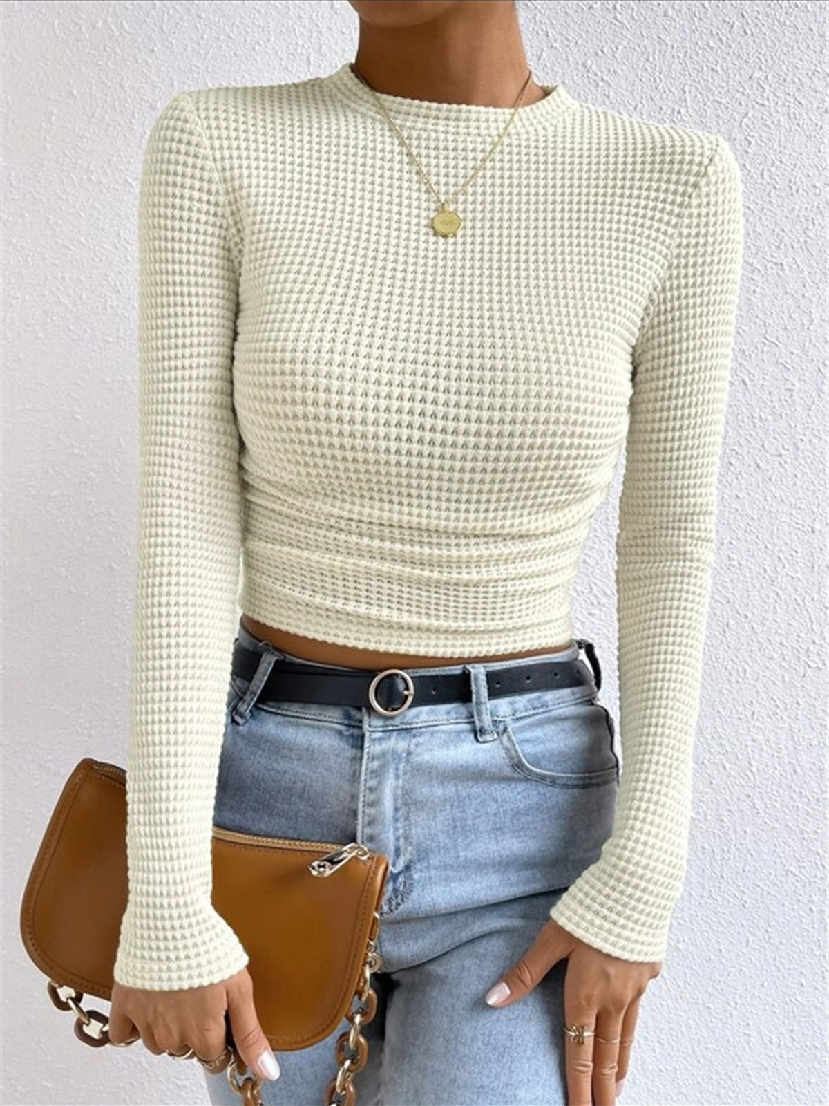 Top en maille gaufrée femme col rond cintré 1