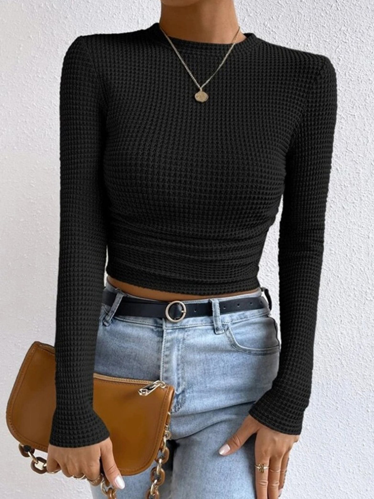Top en maille gaufrée femme col rond cintré 10