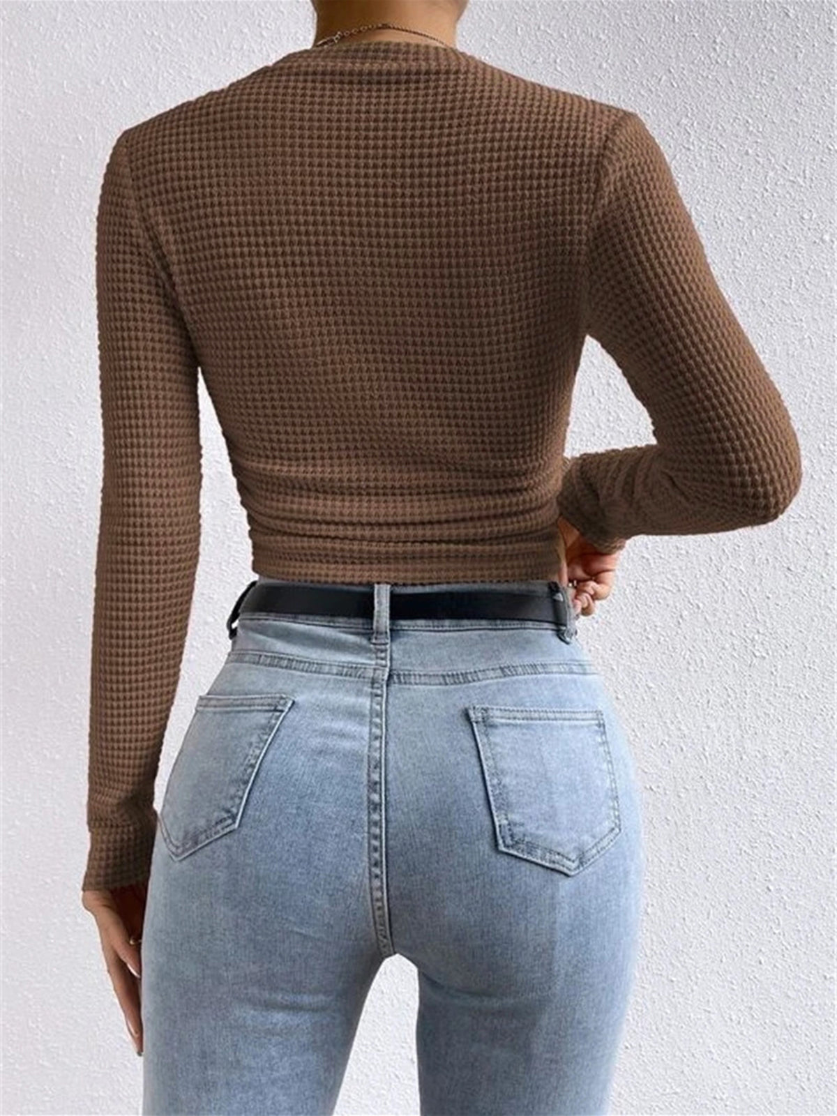 Top en maille gaufrée femme col rond cintré 15
