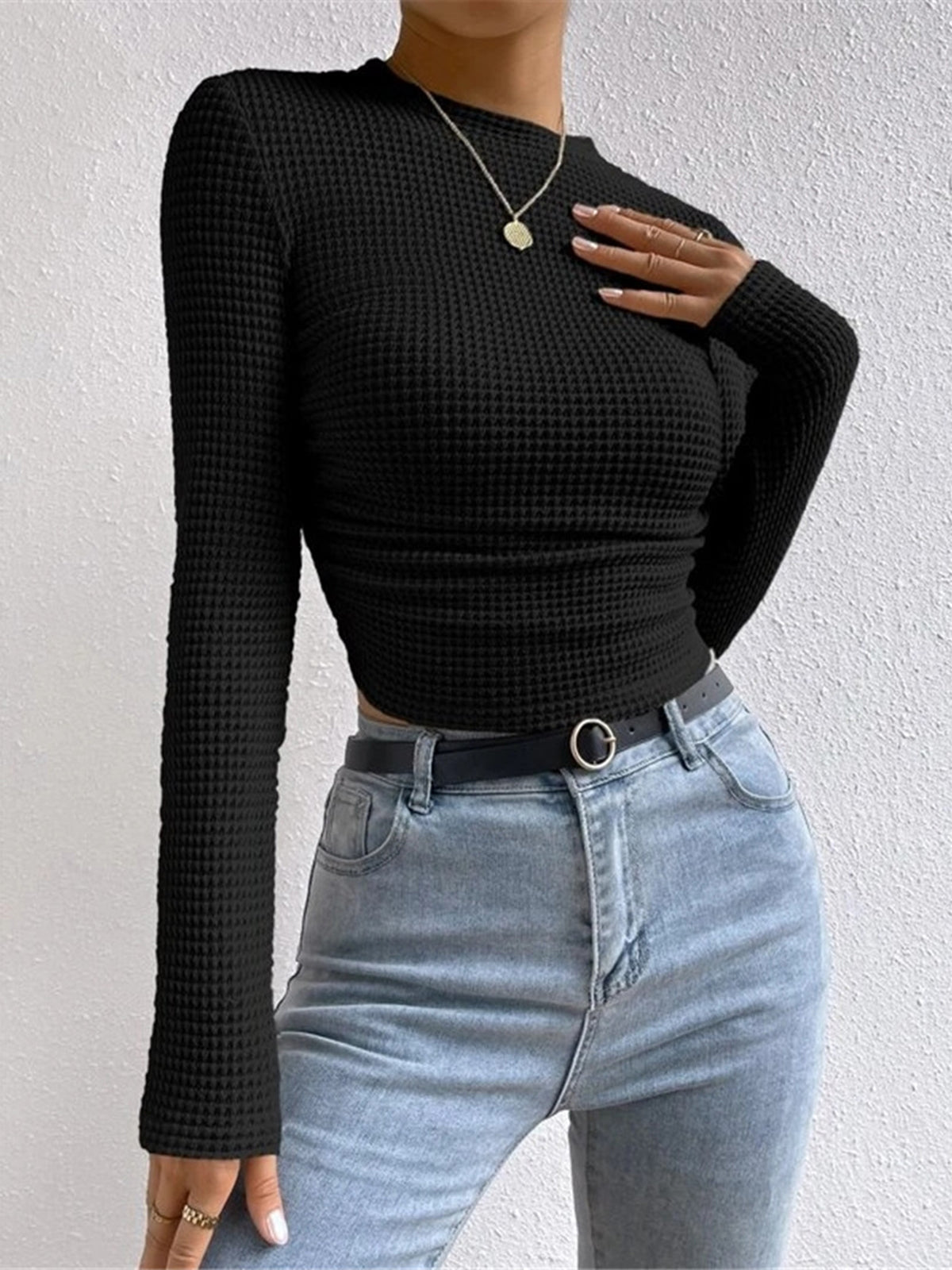 Top en maille gaufrée femme col rond cintré 2