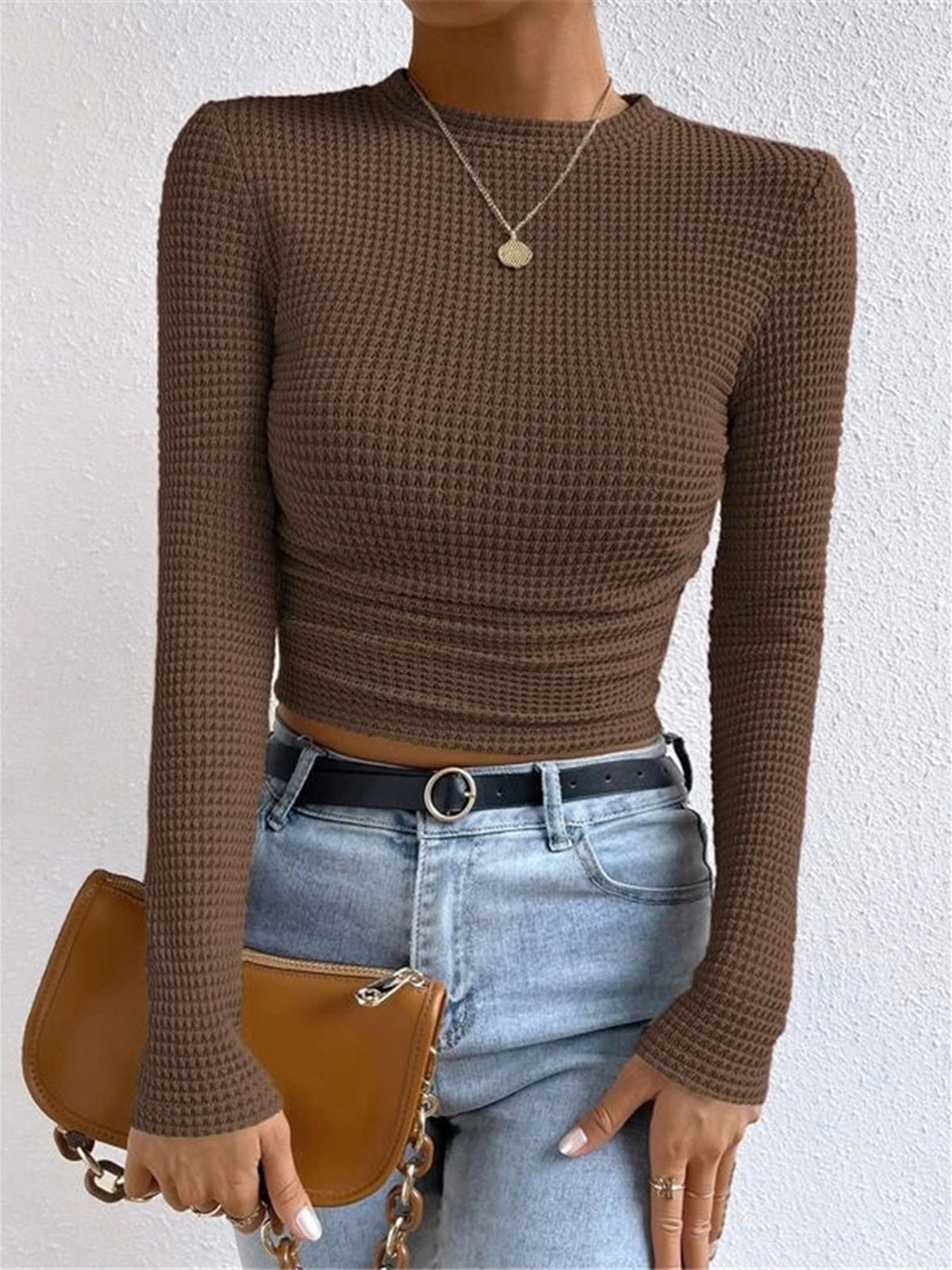 Top en maille gaufrée femme col rond cintré 3