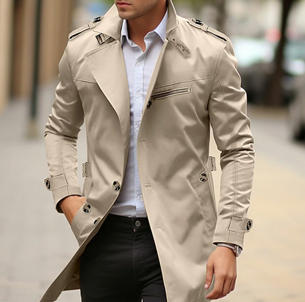 Trench homme long à ceinture, double boutonnage croisé et fente au dos 1