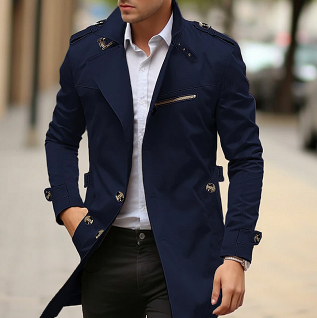 Trench homme long à ceinture, double boutonnage croisé et fente au dos 4