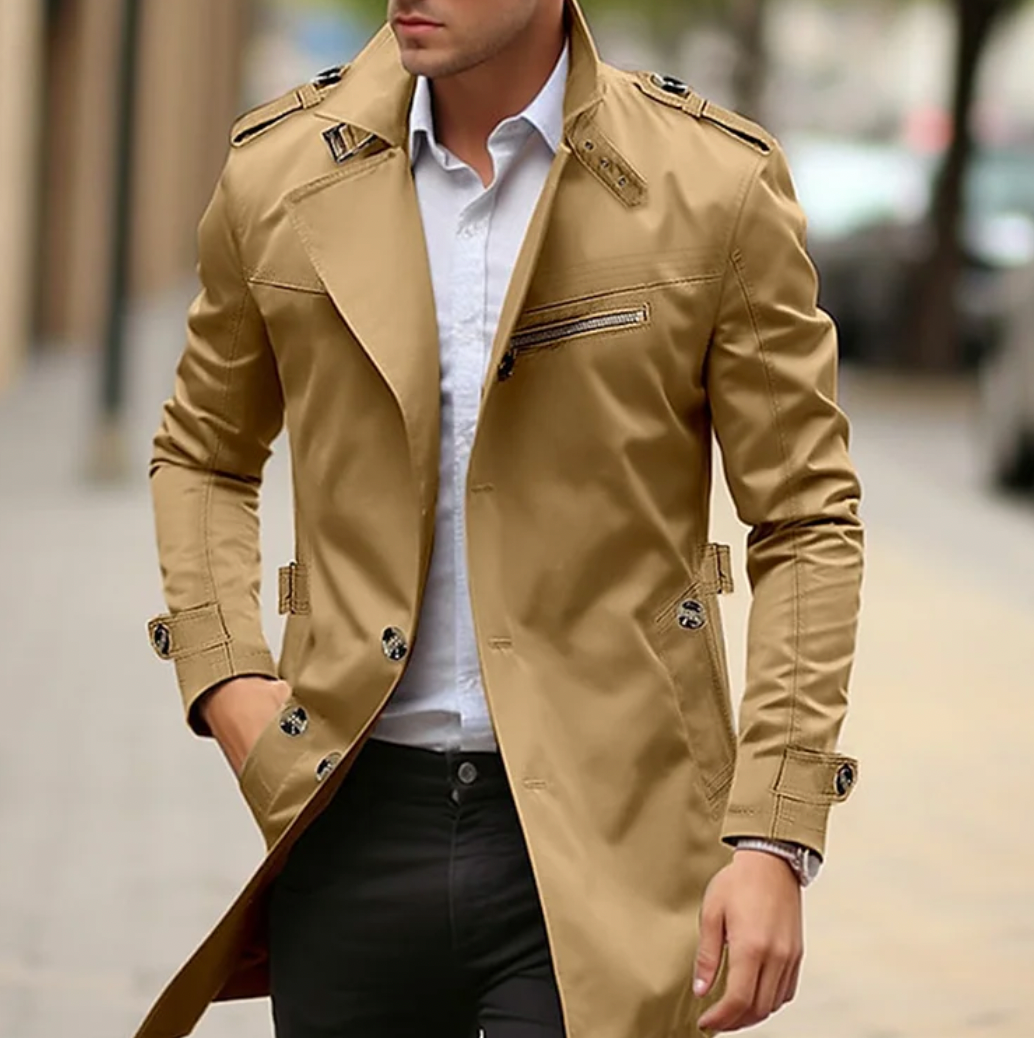 Trench homme long à ceinture, double boutonnage croisé et fente au dos 5