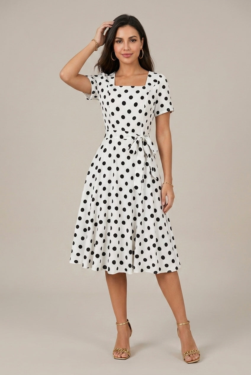 Solène – Robe midi portefeuille à pois, col carré et manches courtes femme