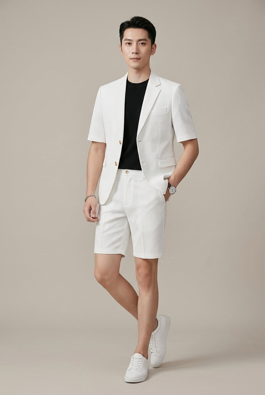 Corentin – Ensemble deux pièces à carreaux : blazer à manches courtes et short assorti homme