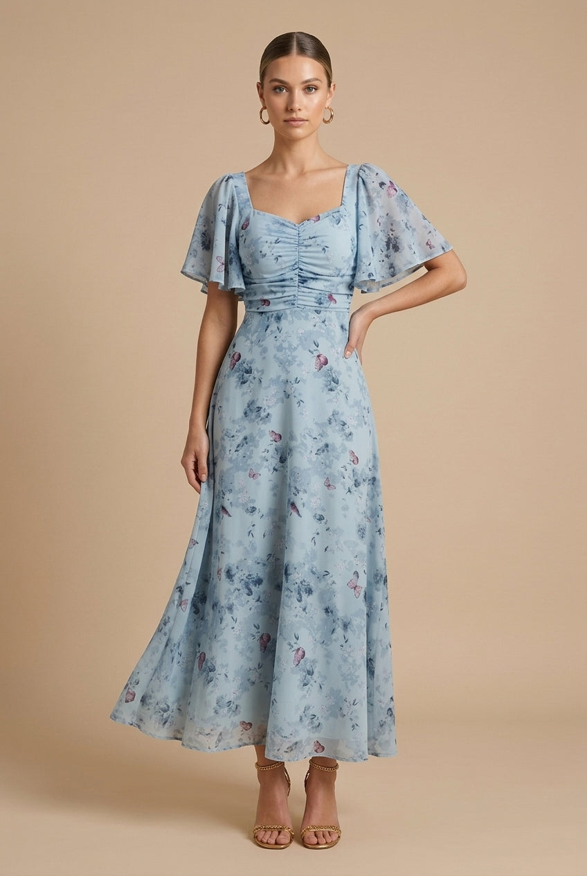 Blanche – Robe maxi à imprimé floral, col carré et manches papillon femme