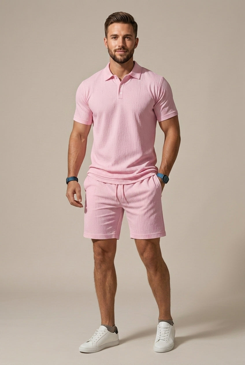 Damien – Ensemble deux pièces : polo texturé à manches courtes et short à cordon de serrage homme