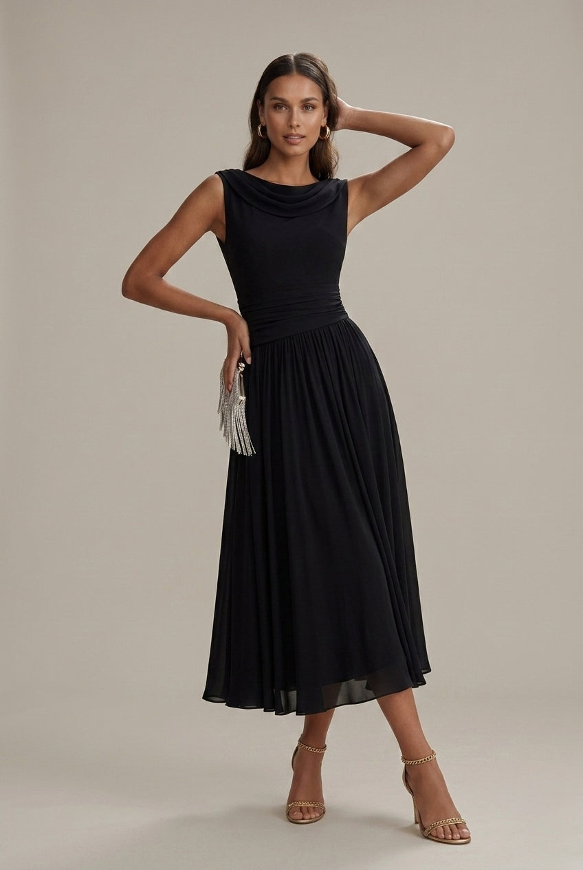 Océane – Robe midi sans manches à col drapé plissé femme