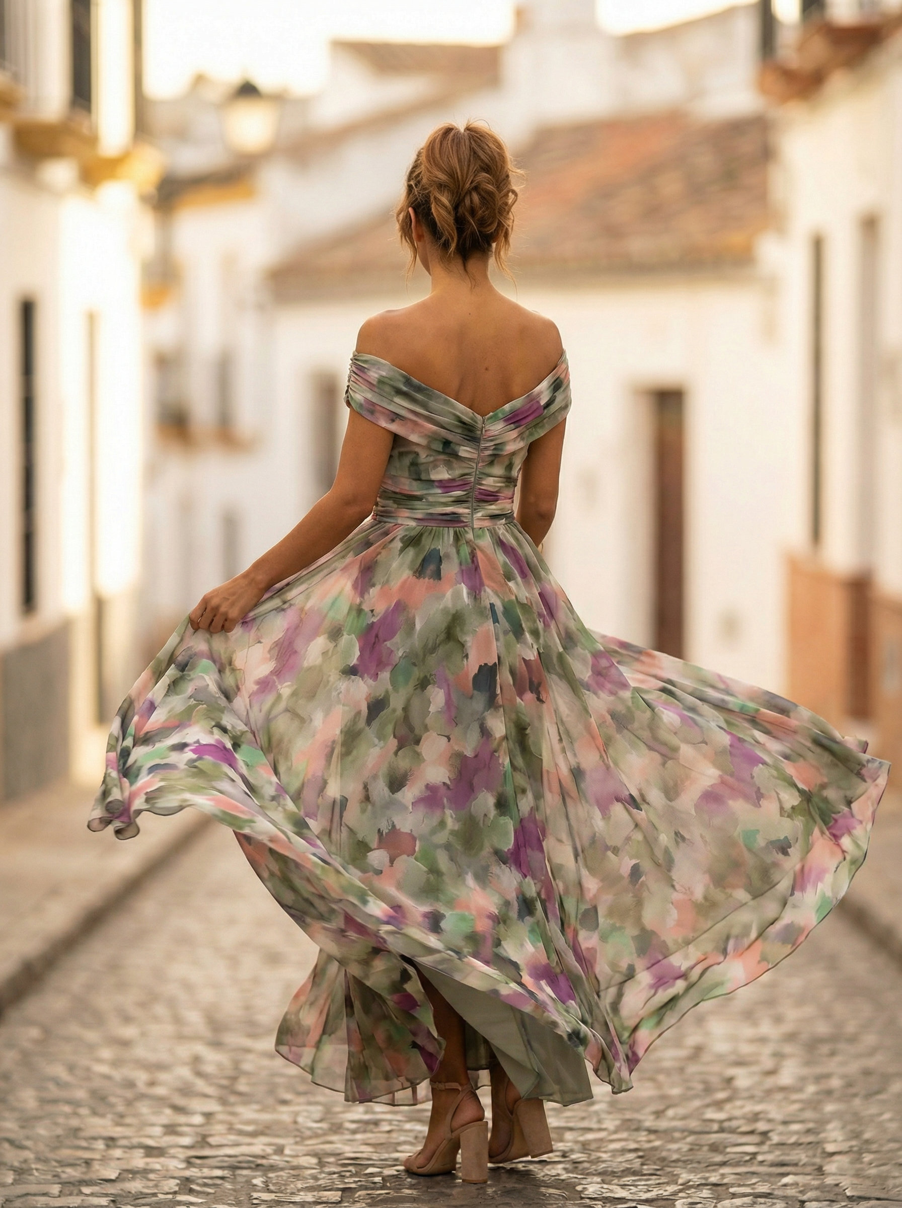 Sidonie – Robe longue d'été froncée à col en V élégant femme