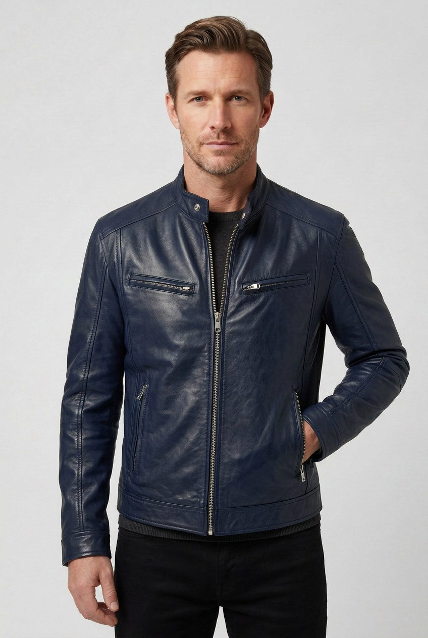 Veste biker homme aspect cuir à col montant et poches zippées 4
