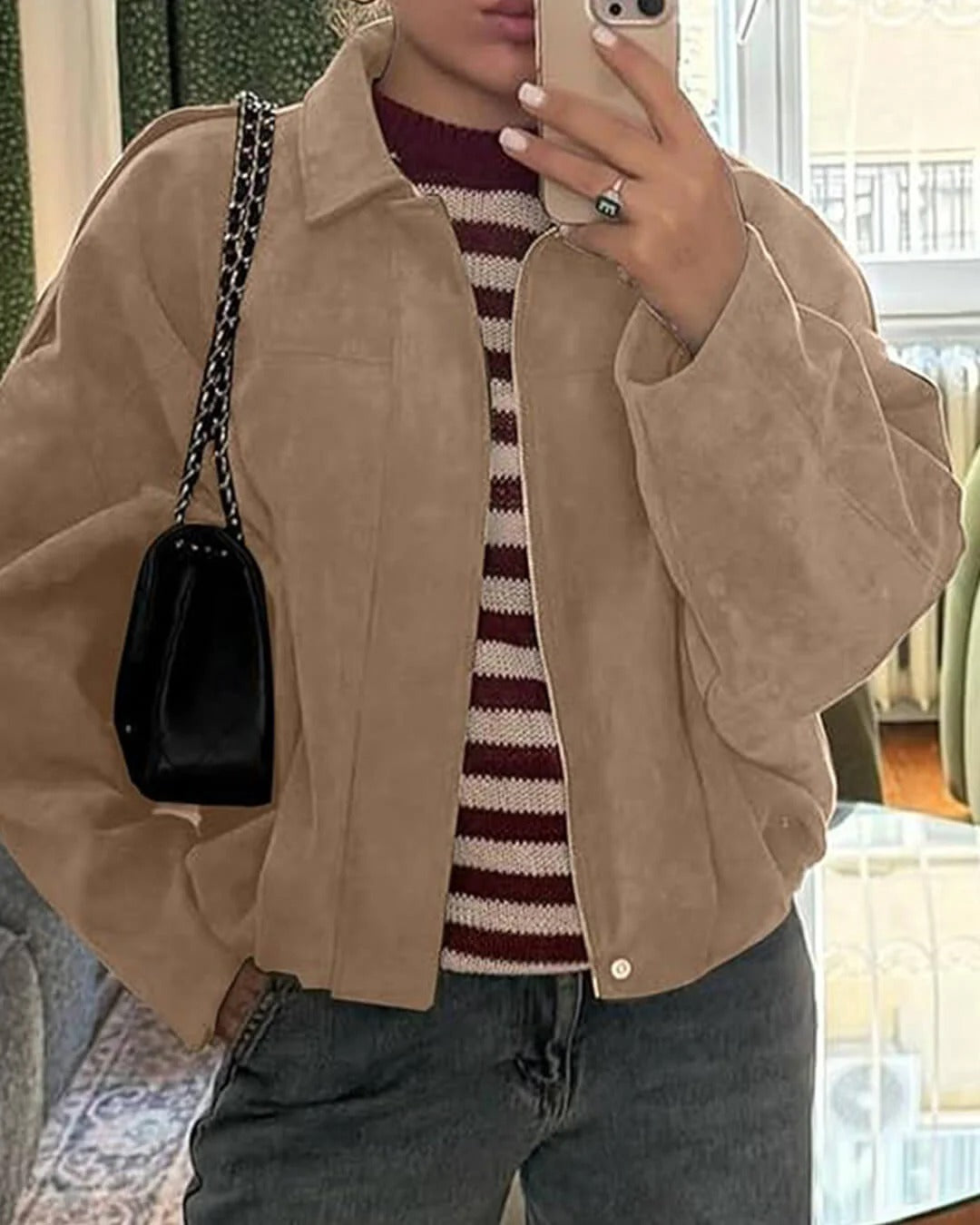Veste bomber en suédine femme à col chemise coupe oversize 7