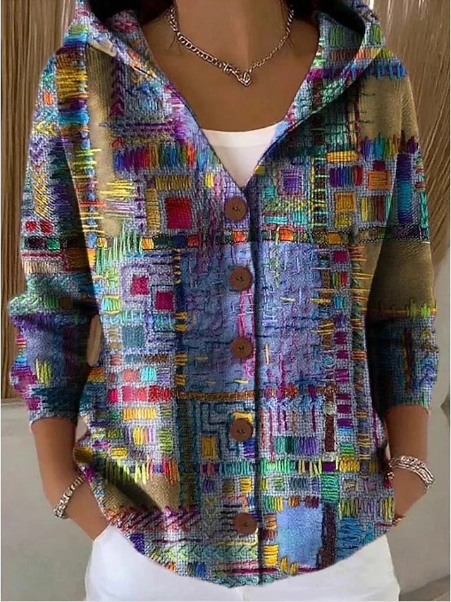 Veste-chemise femme à capuche boutonnée imprimé abstrait 1