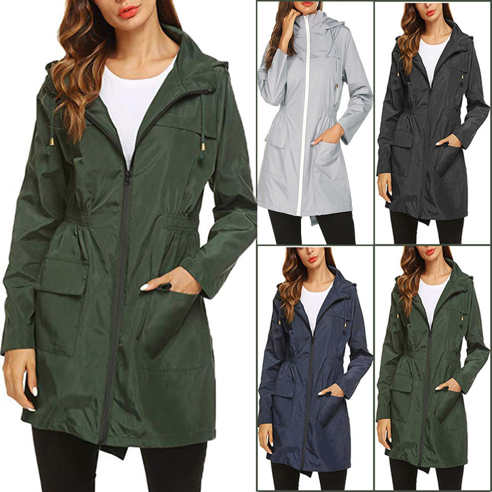 Veste de pluie femme déperlante et coupe-vent à capuche avec cordon à la taille 10