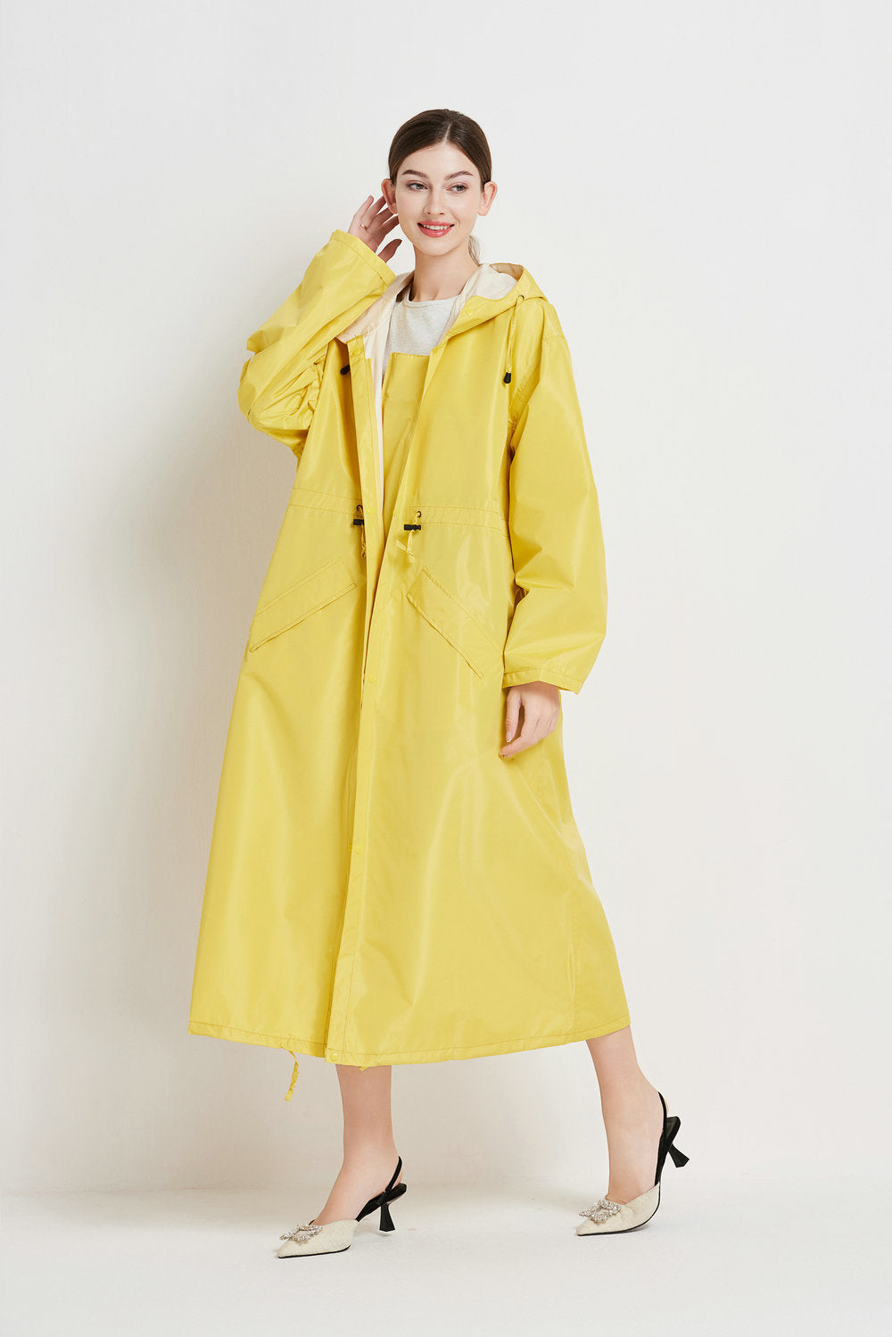 Veste de pluie femme imperméable mi-longue à capuche avec cordon de serrage à la taille 11