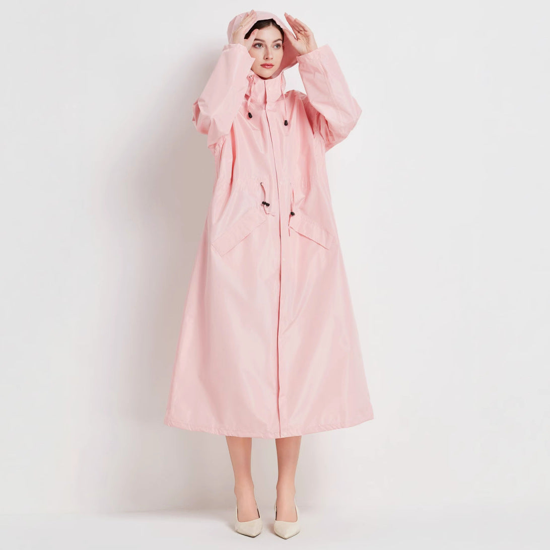 Veste de pluie femme imperméable mi-longue à capuche avec cordon de serrage à la taille 12