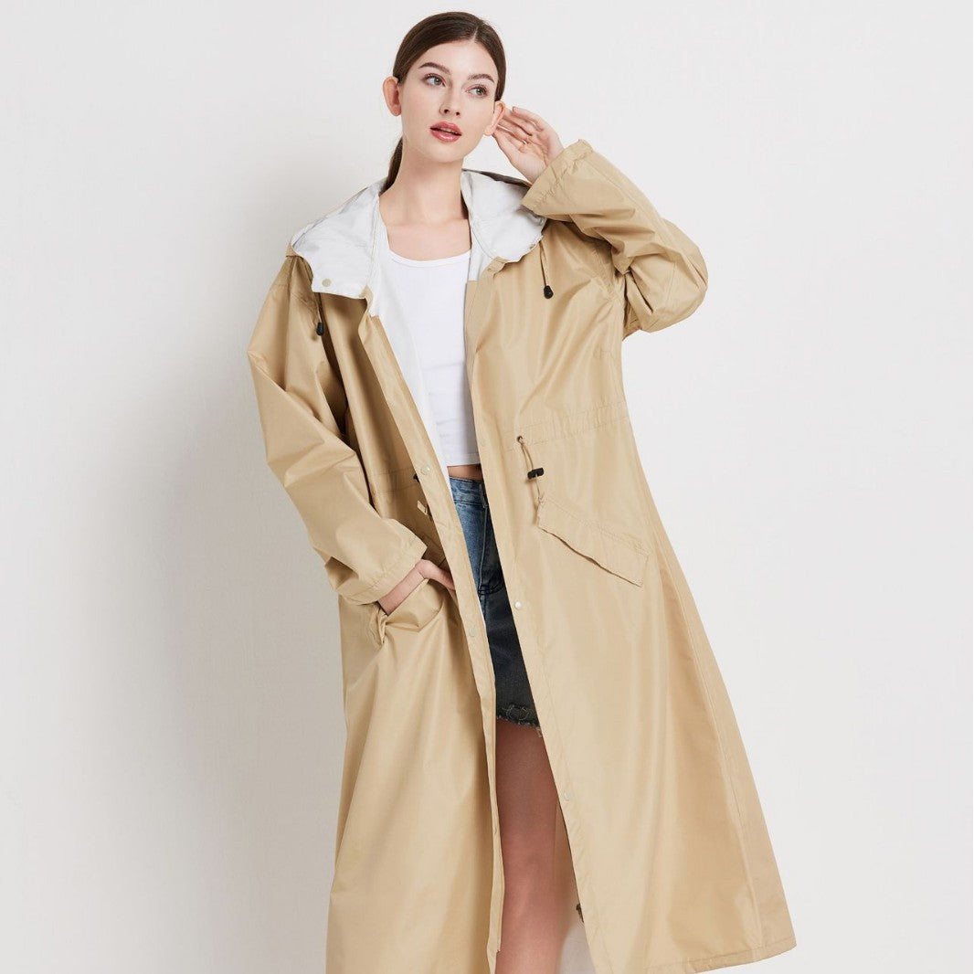 Veste de pluie femme imperméable mi-longue à capuche avec cordon de serrage à la taille 3