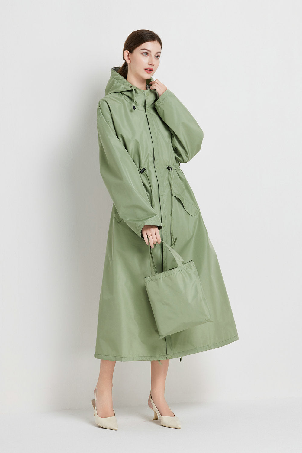 Veste de pluie femme imperméable mi-longue à capuche avec cordon de serrage à la taille 7