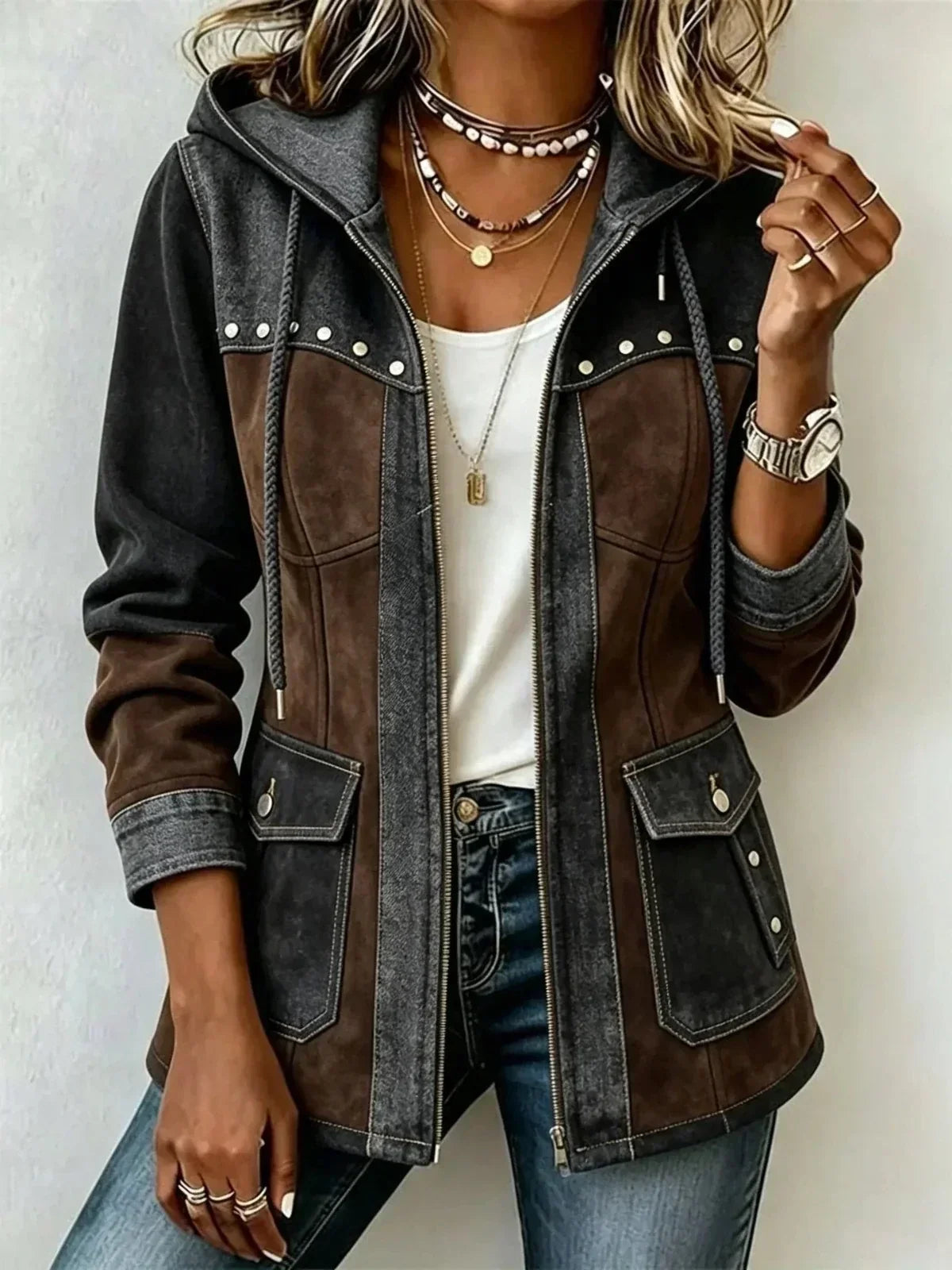 Veste femme à capuche zippée bicolore à poches 6
