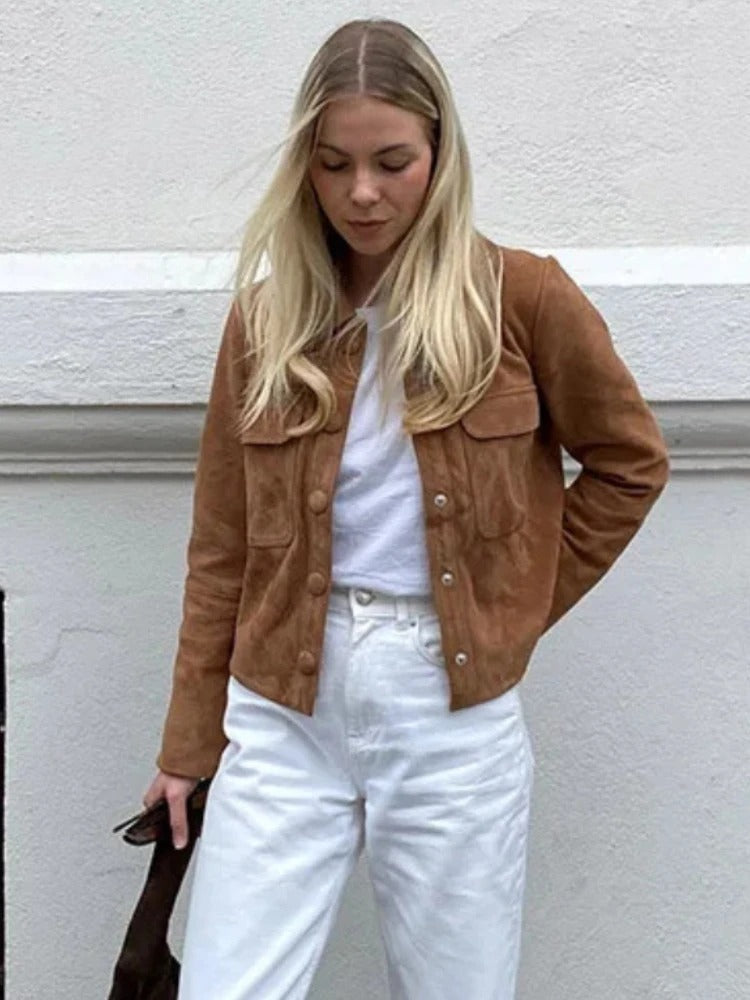 Veste mi-saison femme aspect daim à col chemise et poches poitrine 6