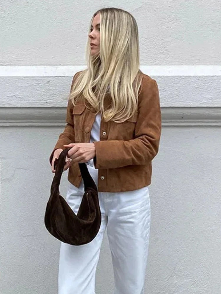 Veste mi-saison femme aspect daim à col chemise et poches poitrine 7