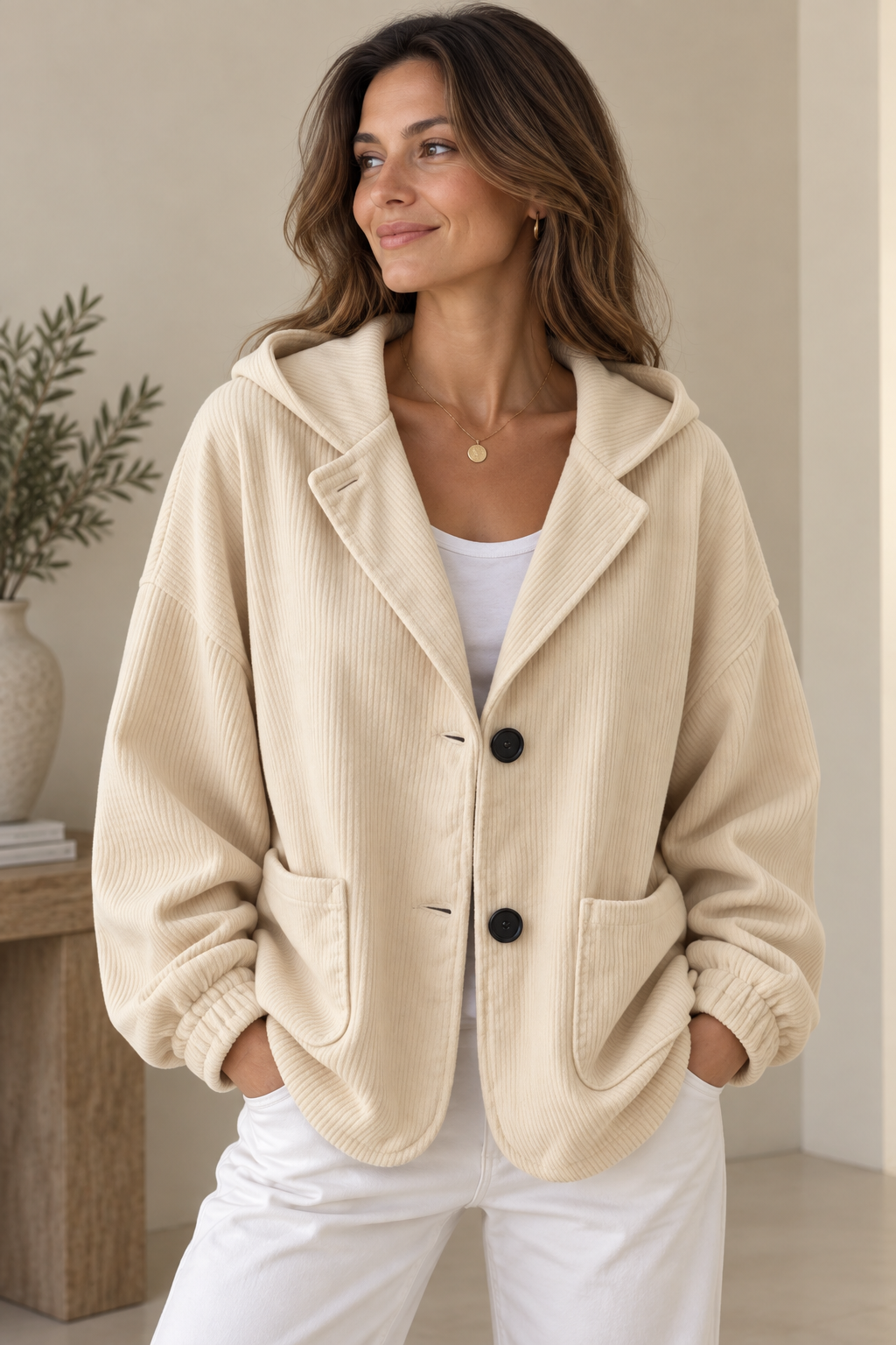 Veste oversize femme en velours côtelé à capuche 1